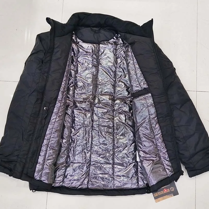 เสื้อแจ็คเก็ตผู้ชายน้ำหนักเบาสำหรับฤดูหนาวแบบพกพา ปกตั้ง อุ่นสบาย สไตล์ลำลอง สะท้อนความร้อน เหมาะสำหรับเดินป่า กันลม