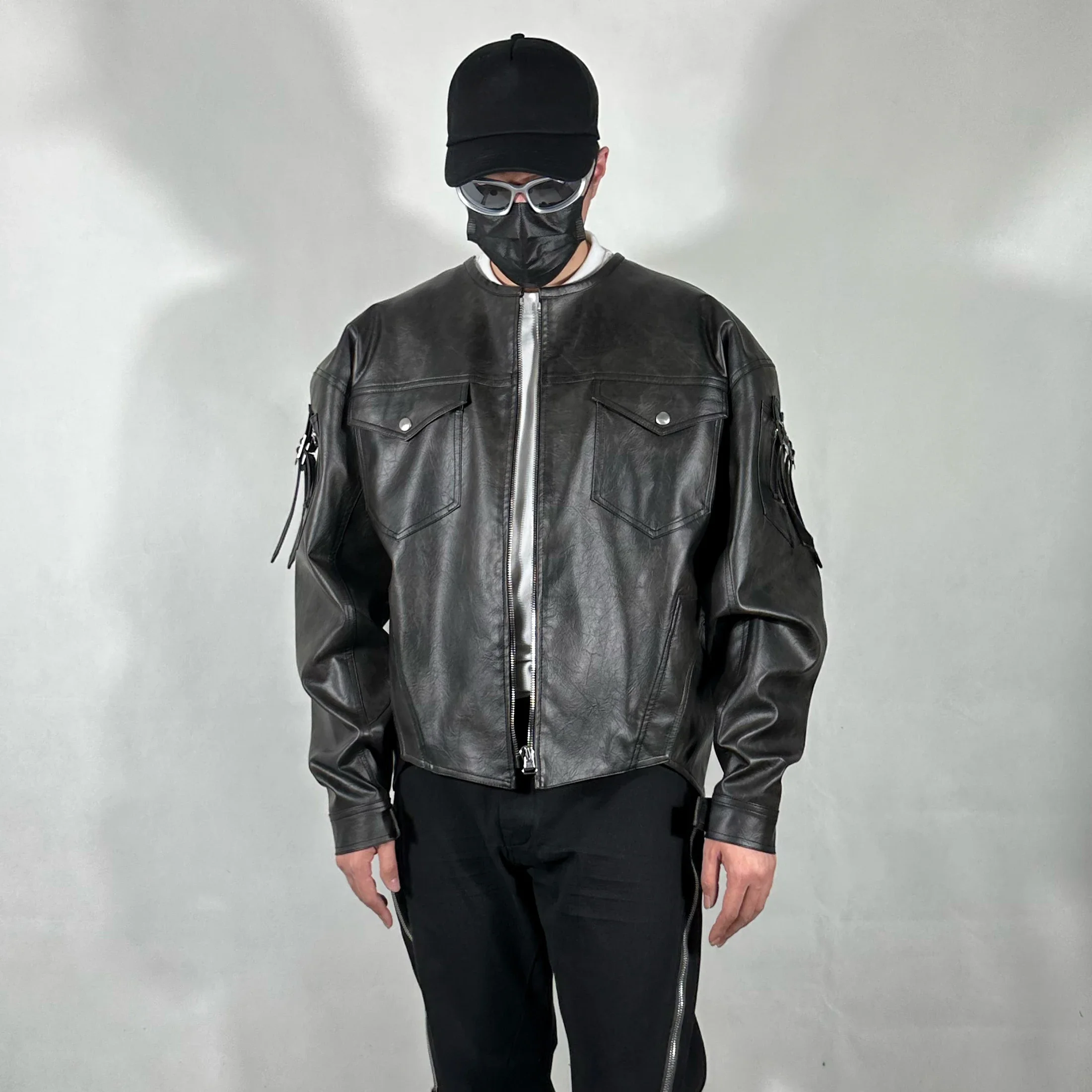 

NIGO Men's Spring And Autumn Black Round Neck Zip Leather Jacket High Street Trend Hip Hop Jacket Ngvp #nigo1332