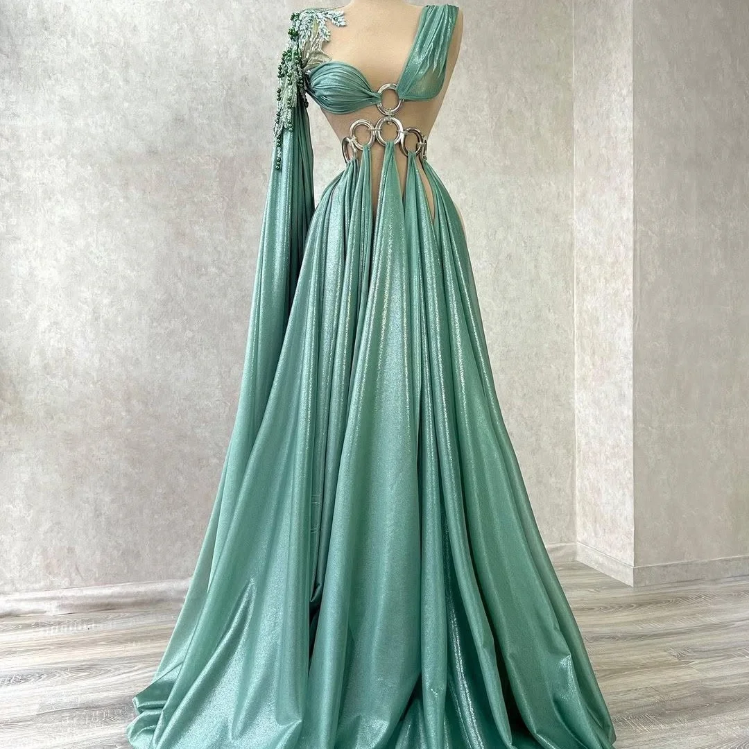 Customized Exquisite Satin A-Line Cap Sleeve Beading Evening Dresses Crew Neck Sleeveless Watteau Train Homecoming Dre
