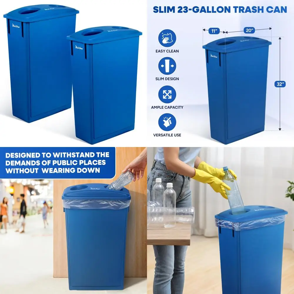 "Cubo de reciclaje delgado de 23 galones con tapa para botellas y latas, contenedor de basura rectangular azul para uso doméstico"