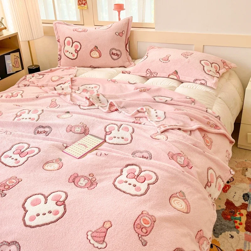 Cute Rabbit Throw Blanket for Boys Girls Kawaii Cartoon Animal Bunny Pink Fleece Blankets Candy Printed Blanket Bedroom Decor