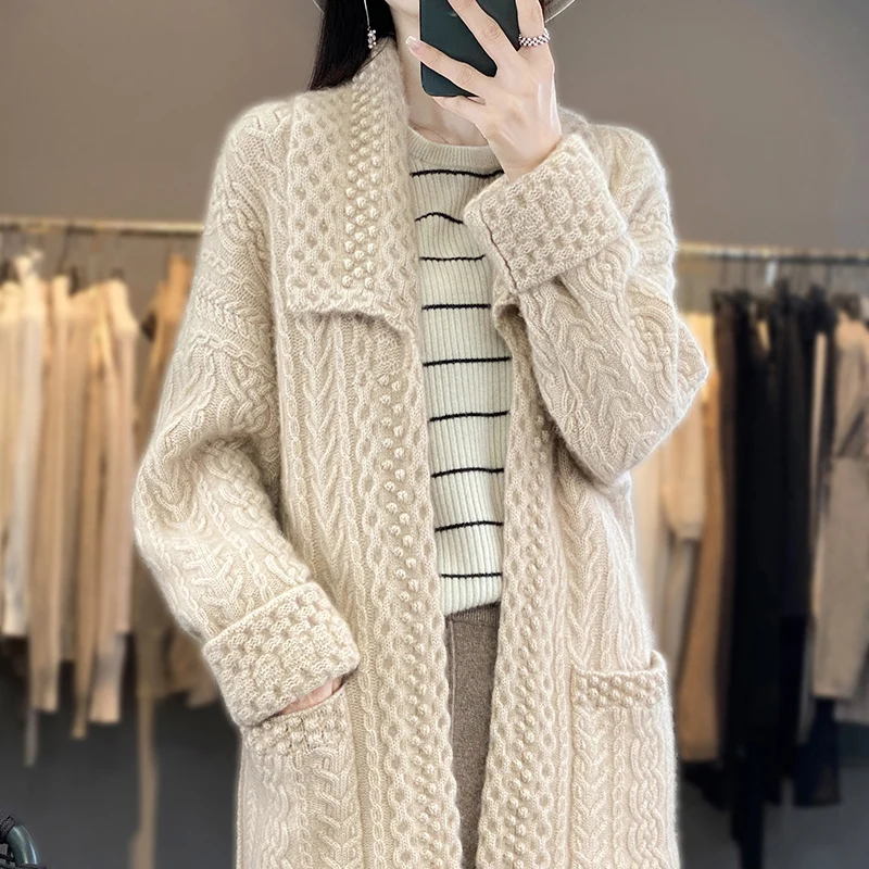 New 100% Pure Cashmere Sweater In Autumn And Winter Women\'s Long Cardigan Heavy Lndustry Thickening Loose Wool Knitted Jacket