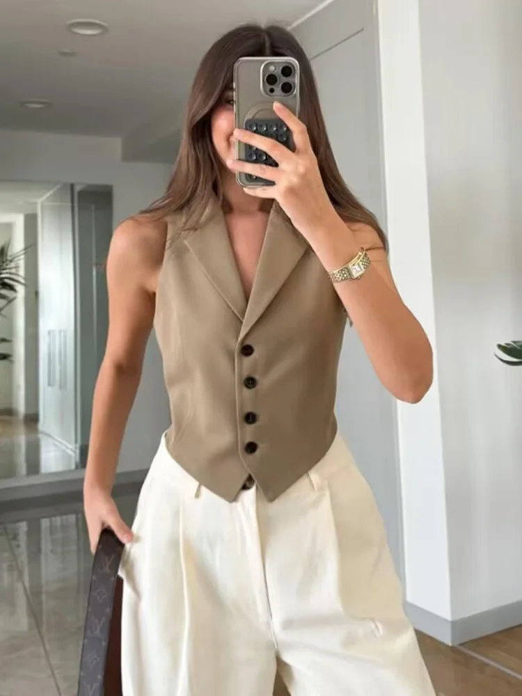SLTNX 2024 verano mujeres chalecos con cuello vuelto espalda con cordones elegante chaleco de una sola botonadura Tops señora sin mangas nuevo en chaleco