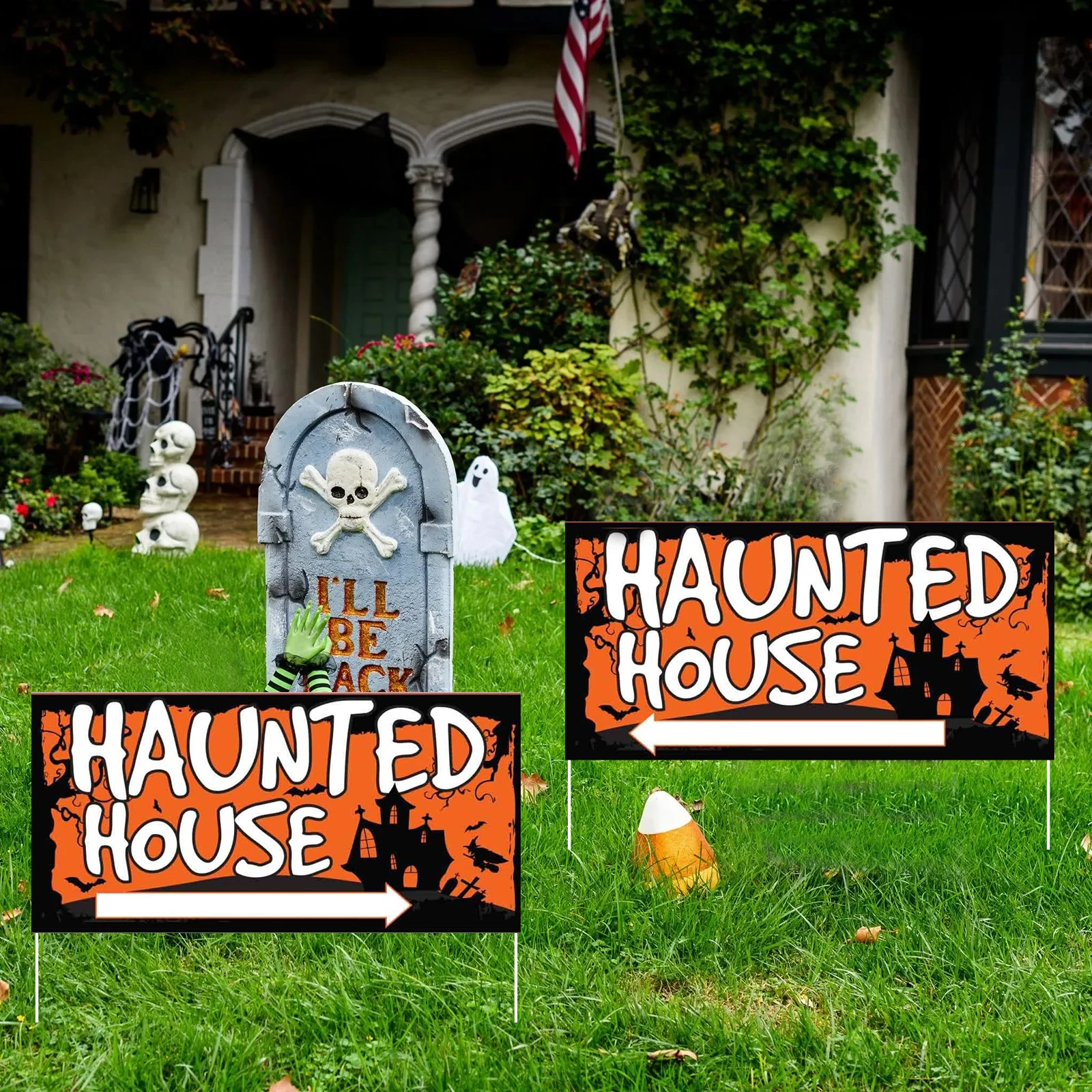 Haunted House Sign Directional - Includes Even Number of Right & Left Arrows Welcome Happy Halloween Yard Sign Home Outdoor Lawn
