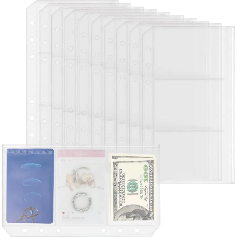 10 Pack MultiCompartment Zippered Binder Pocket Sleeves for 6 Ring A6 Binder Frosted Divided Zipper Pouch Money Cash Saving Bud