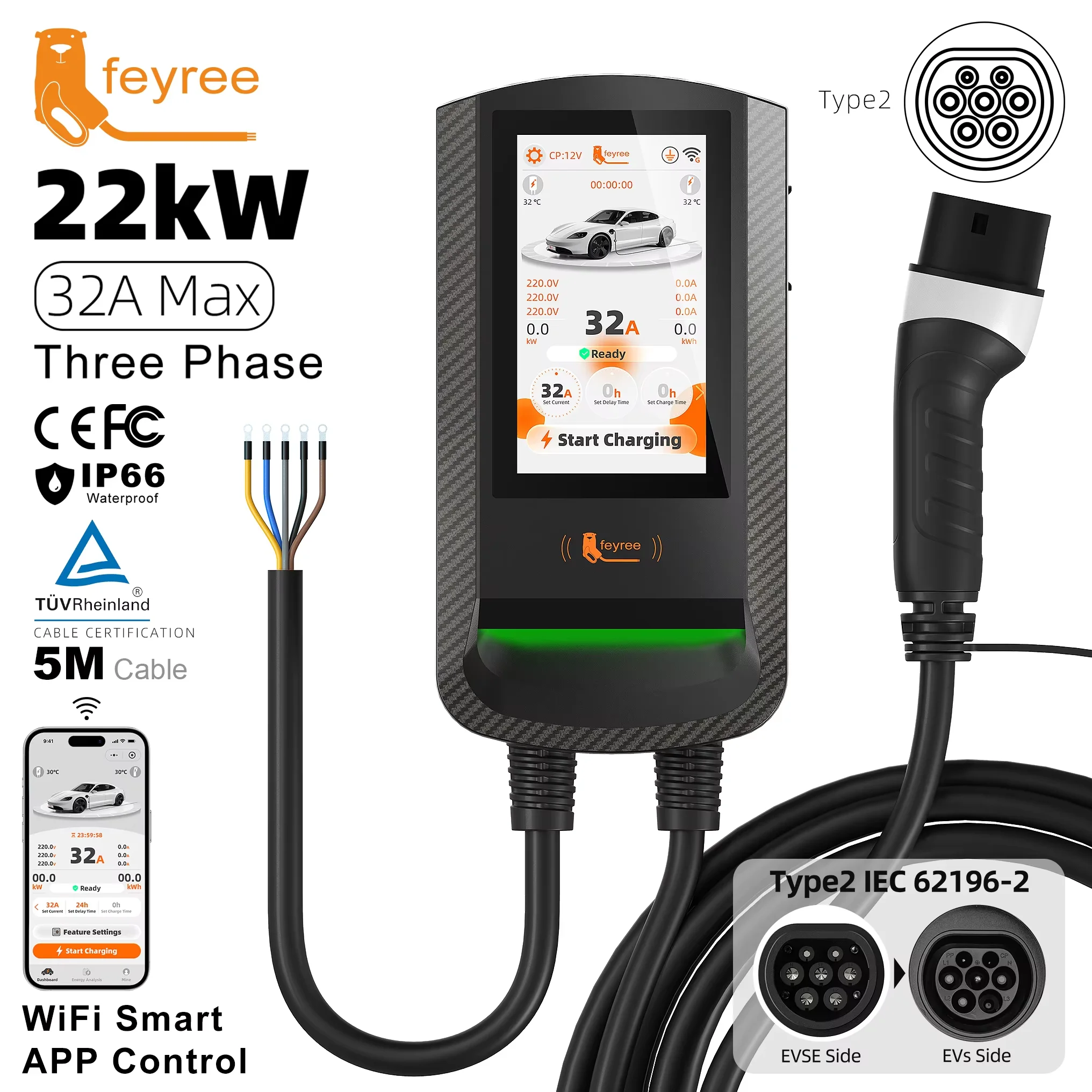 Feyree Type2 EV Charger 7.6kW Wallbox 7Inch Touch Screen Smart APP Control RFID Card OTA Charge Log 11/22kW EV Charging Station
