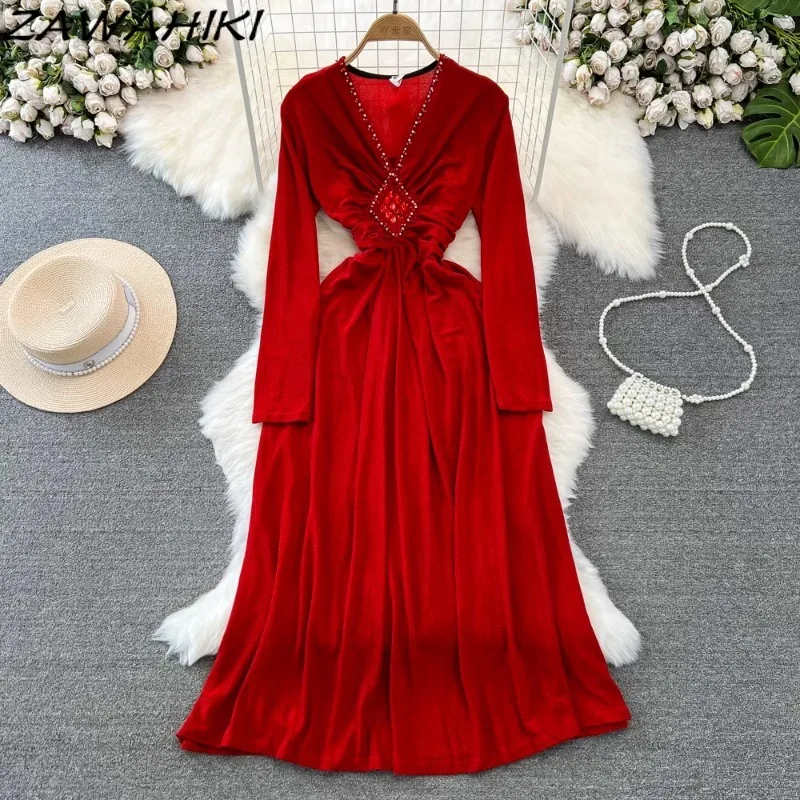 Temperament Long Dresses for Women Heavy Beading Pleated Slim Waist Vestidos Solid Color Vestidos Office Lady Elegant Ropa Mujer