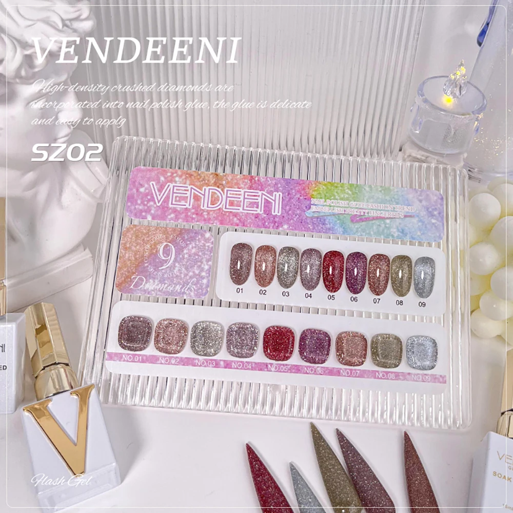 Vendeeni 9 Farben/Set Glitzer-Broken-Diamond-Gel-Nagellack TPO HEMA-FREI Glänzender Sternenhimmel UV-Soak-Off-Gel-Lack mit Display – Detail 1