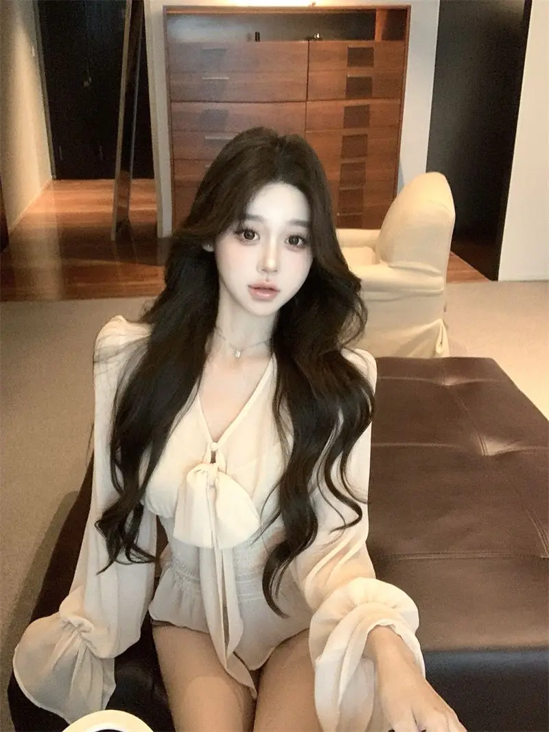 여성용 랜턴 슬리브 브이넥 레이스업 쉬폰 셔츠 봄 프렌치 웨이스트 탑 투피스 긴팔 셔츠