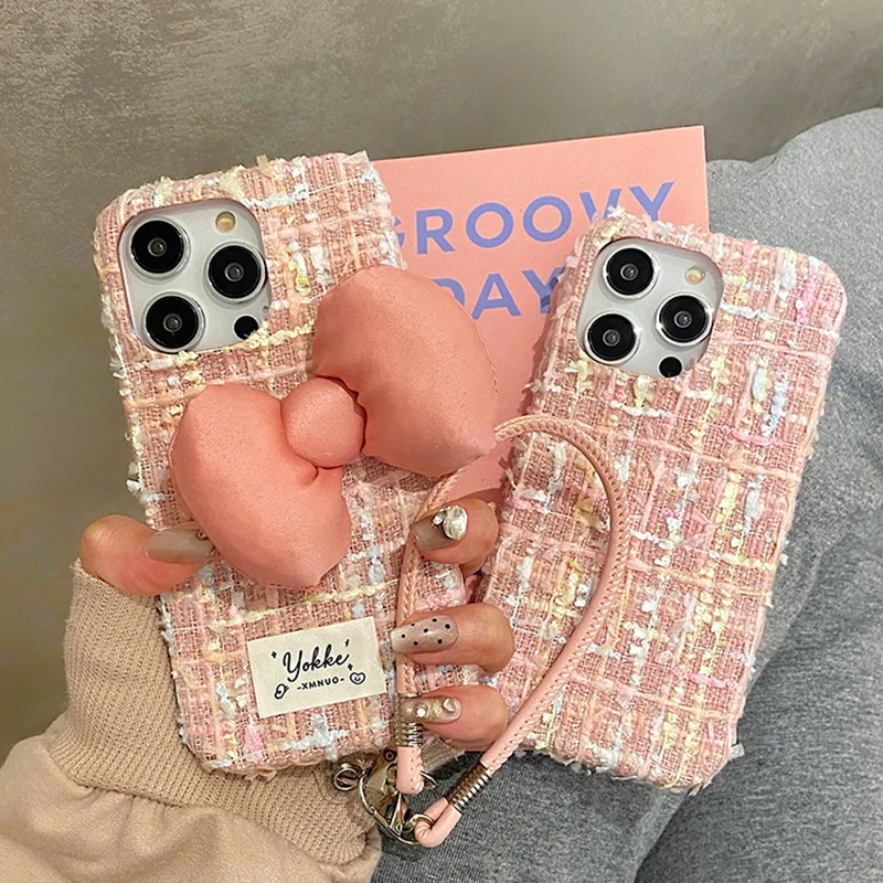 Fashion Pink Plush Weave Texture Bowknot Case For iPhone 16 Pro Max 15 13 14 12 Soft Fabric Phone Back Cover