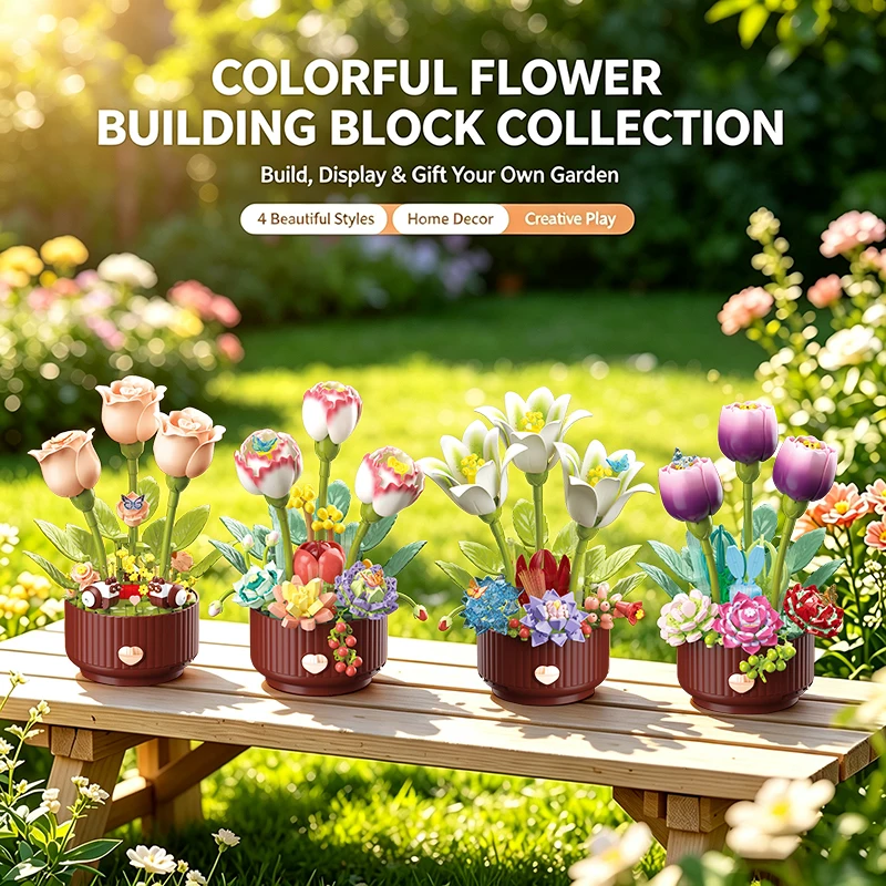 Dynamic Building Block Flower Electric Assembly Rose Bouquet Fairy Atmosphere High-end Decoration For Girl Handmade Wedding Gift