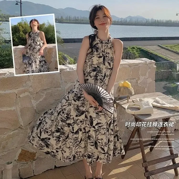 Sommer Kleid Französisch Stil Halfter Ärmellose Blumen Gedruckt Strand Kleider Frauen Casual Lose Taille Mode Vestidos