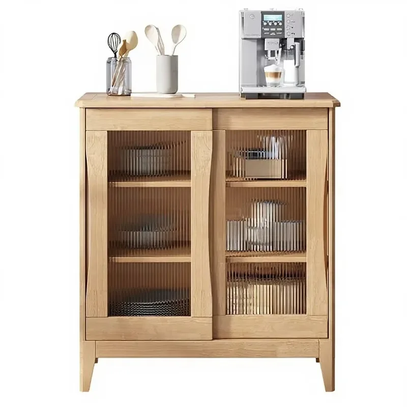 Nordic Solid Wood Dining Side Cabinet with Sliding Doors Multi-functional Tea Storage Locker for Small Apartments