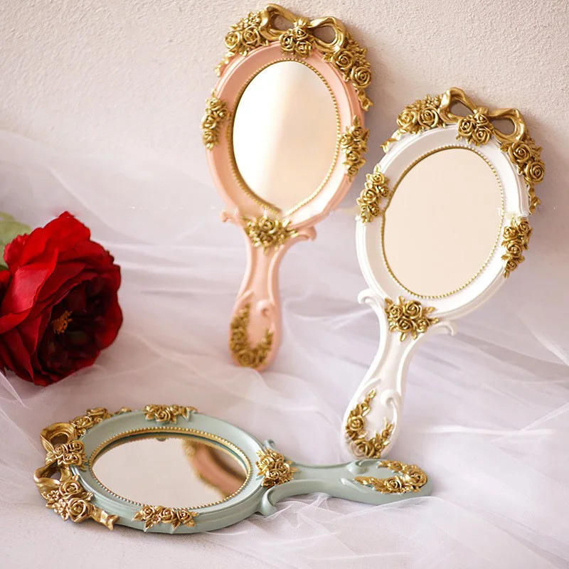 

European Retro Handheld Makeup Mirror, Portable Single-sided Handle Mirror, Beauty Shop Makeup Mirror, Home Decor Gift Mirrors