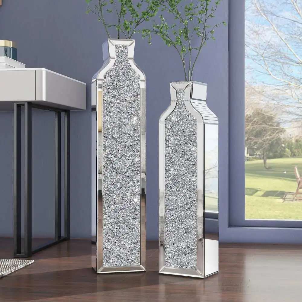 Deluxe two-piece set of large broken diamond texture mirror floor vase, living room home decoration vase