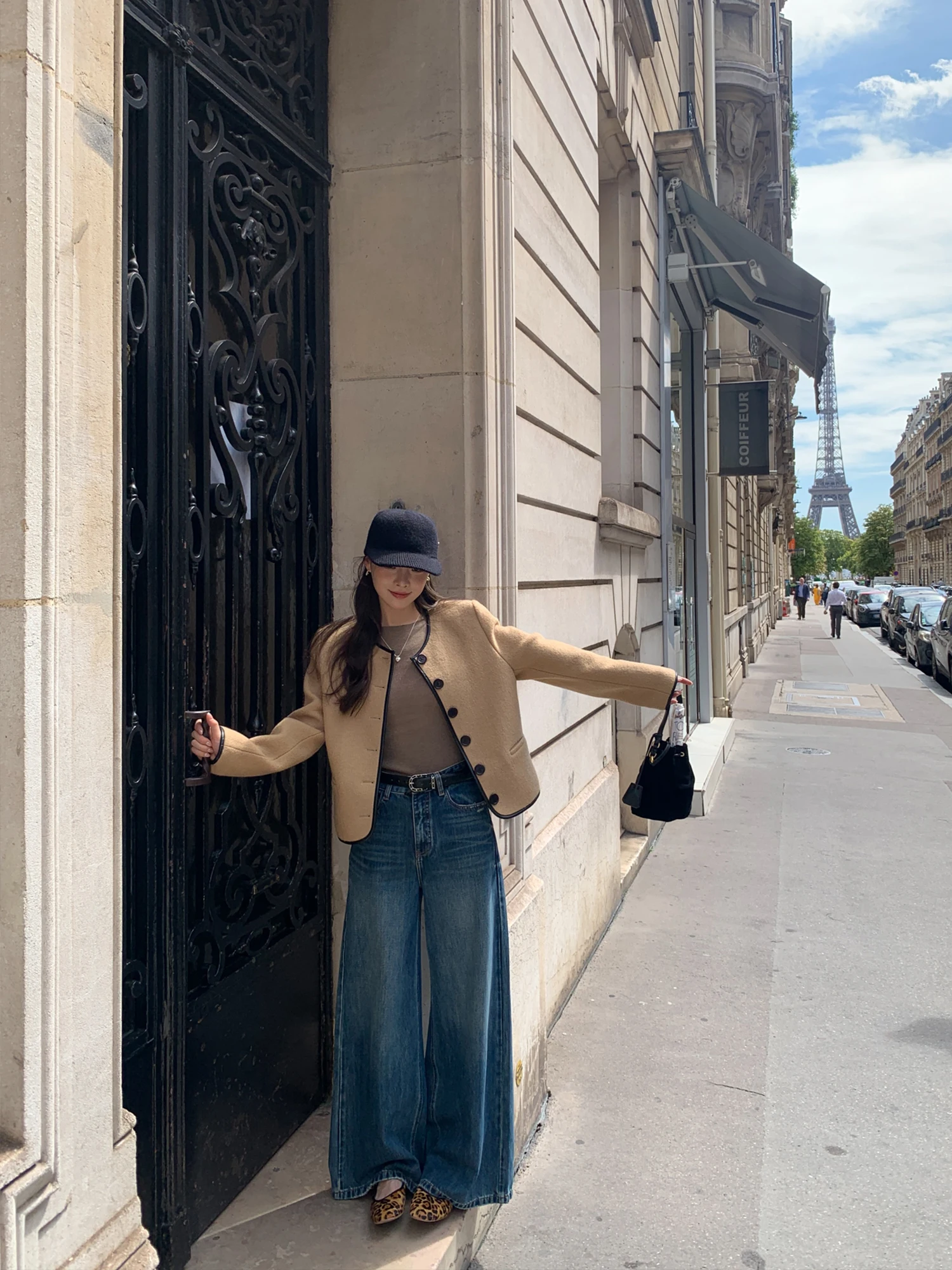 Le Lalin クラシック ショート ウール ブレンド レザー パッチワーク ラウンドネック ショルダーレベル アウター フレンチ スタイル ストレート カット レディース コート