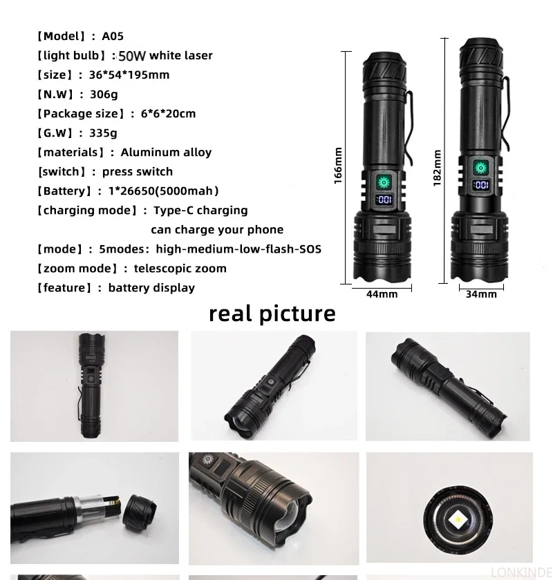 1500m White LED Flashlight Super Bright Type-c Recharging Torch Powerful LED Flashlights Zoom With Clip Lamp Tactics Lanterns