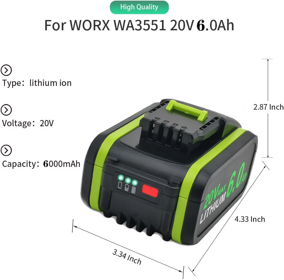 replacement battery WA3553/WA3551 for Worx 20V battery power tools WA3551 WA3572 WA3553 WX390 WA3551 WX176 WX178 WU268 WX16 6.4