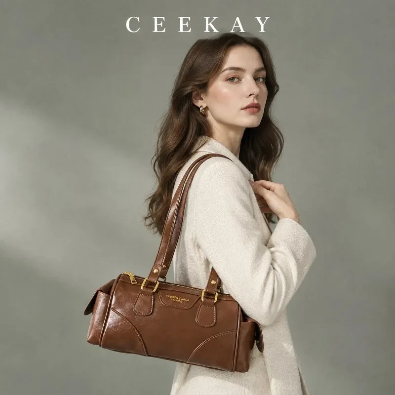 CEEKAY Textured Leather Satchel Twin Handle Side Pocket Top Zip Metal Accent All-Purpose Daily Use Roomy Elegant Classic