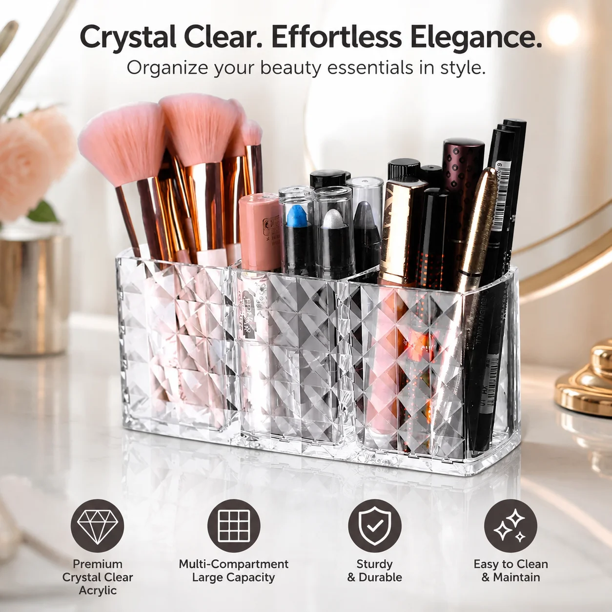 Makeup Brush Storage Box, Storage Cylinder, Three-Compartment Pen Holder, Transparent Acrylic Storage Pen Holder for Eyebrow Pen