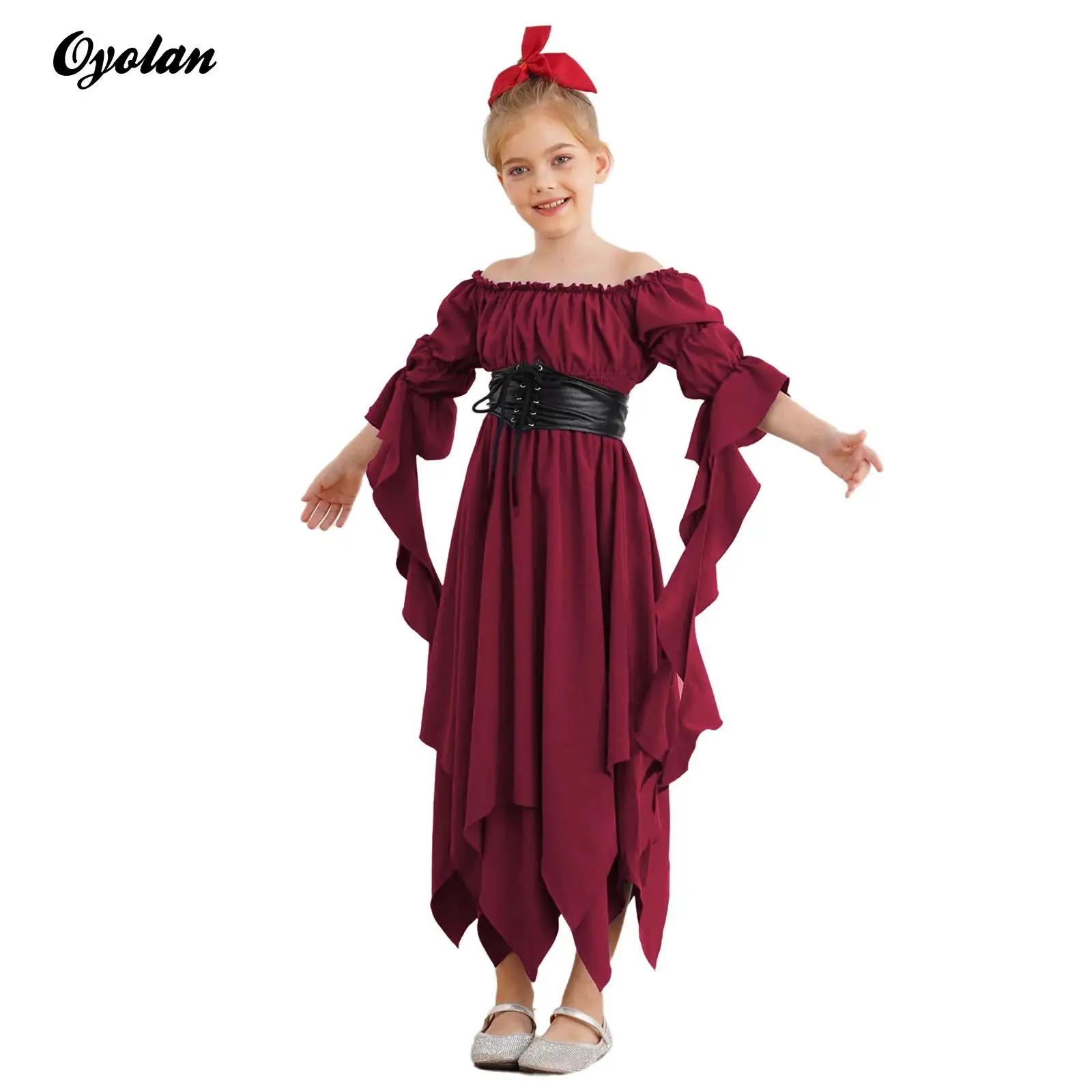 

Kids Girls Medieval Victorian Renaissance Gothic Cosplay Costume Halloween Outfit Irregular Dress with PU Leather Lace-up Corset