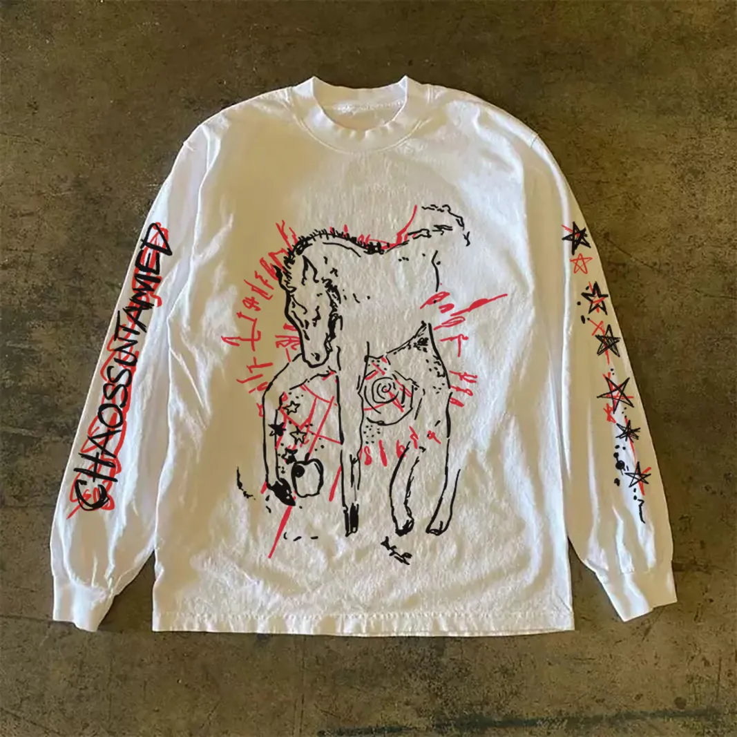 Heavyweight 310g Pure Cotton Long Sleeve T-Shirt American Retro Oversize Streetwear Versatile Miao Xiu Story T-Shirt