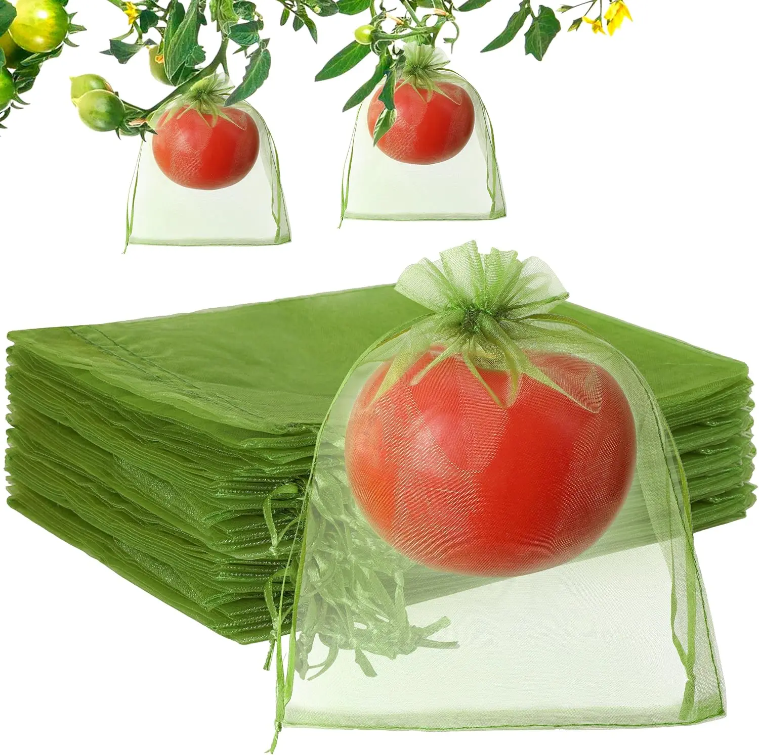 

70pcs 6x8 inch Fruit Protection Bags - Green Netting Drawstring Mesh for Blueberry, Tomato, Garden