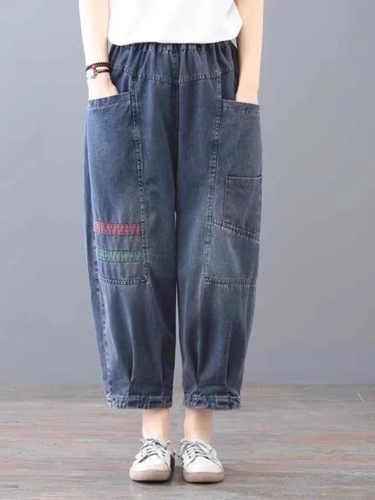 

Loose Dad Jeans Women's Autumn Thin Anti-Wrinkle High Waist Blue Denim Patchwork Harlan Trousers plus Size Casual Faion