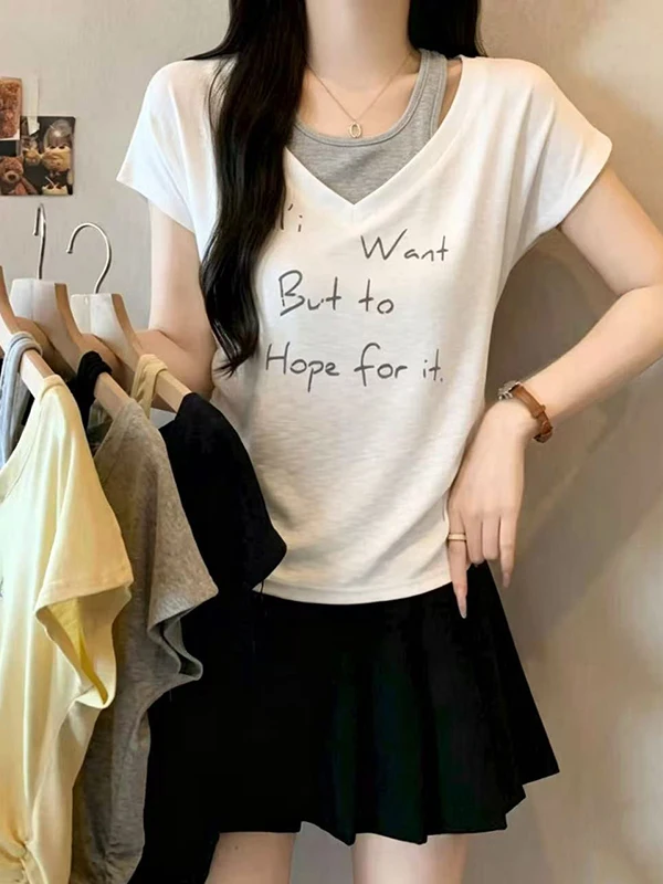 

plus Size Women's Printed Letter Short Sleeve T-Shirt Summer New Style Versatile Casual Top Korean Style Commute Fashion