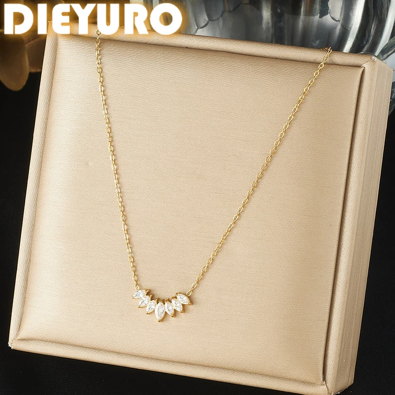 DIEYURO 316L Stainless Steel Zircon Leaf Crystal V-Shaped Pendant Necklace Dainty Elegant Classic Women Neck Chain Jewelry Gift
