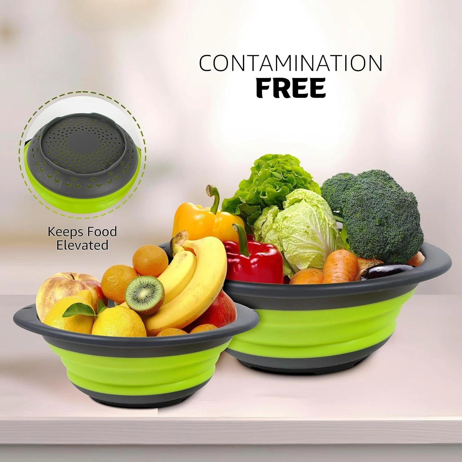 Collapsible Strainers For Kitchen, Green, Set Of 2 | Silicone, Collapsible Colander, Little Pegs To Keep Food Elevated