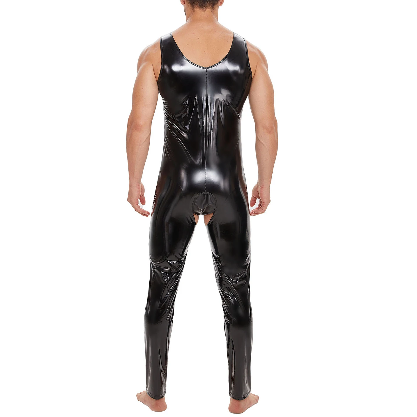 Mens Sexy Crotchless Latex Bodysuit Zipper PVC Leather Jumpsuit Gay Sleeveless Rompers Male Tight Long Leotard Wrestling Singlet