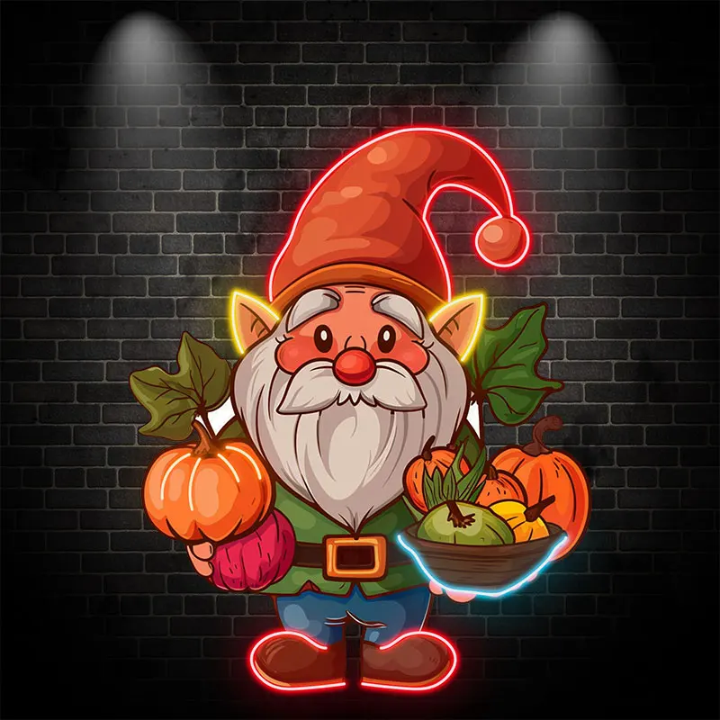 Thanksgiving Elf Gnome Neon Light Sign - Harvest Design with Pumpkins & Fruit, Perfect for Fall Festive Decor, Kitchen, Holiday