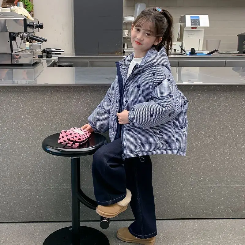 Girl New Style Winter Thickened Warm Cotton Padded Plaid Coat for Kids Youth Large Size Fashionable Comfortable Chic Outerwear