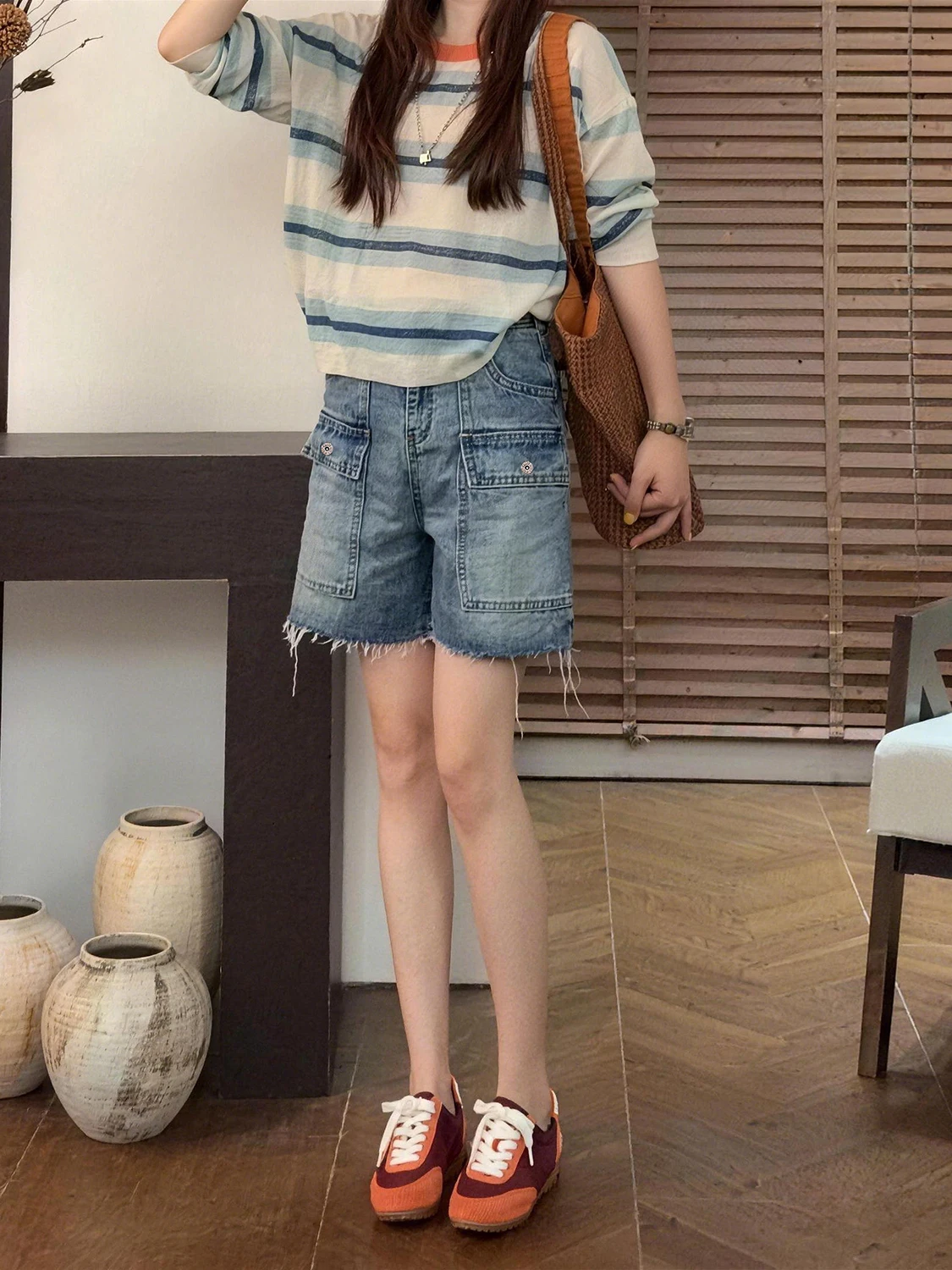 

Summer Thin Large Size Frayed Hem Workwear Jeans Shorts Slimming Wide Leg Pants Casual High Waist Denim Blue Polyester Fiber