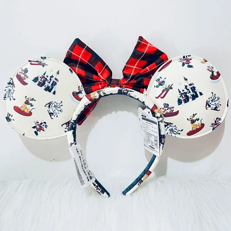 Disney Winter Christmas Headband Cartoon Mickey Pluto PU Leather Ear For Adults Bow Headband Minnie Park Accessories Headwear