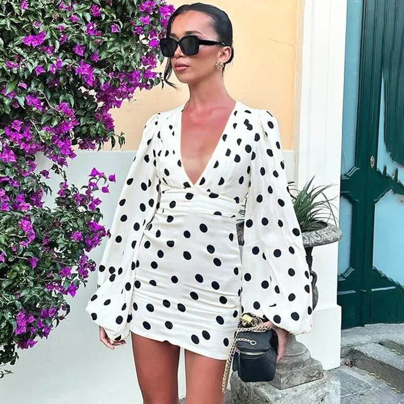 

Ticketsx White Deep V Neck Polka Dot Ruched Mini Dress Women Long Sleeve High Waist Dress Party Streetwear Casual Printed Dress