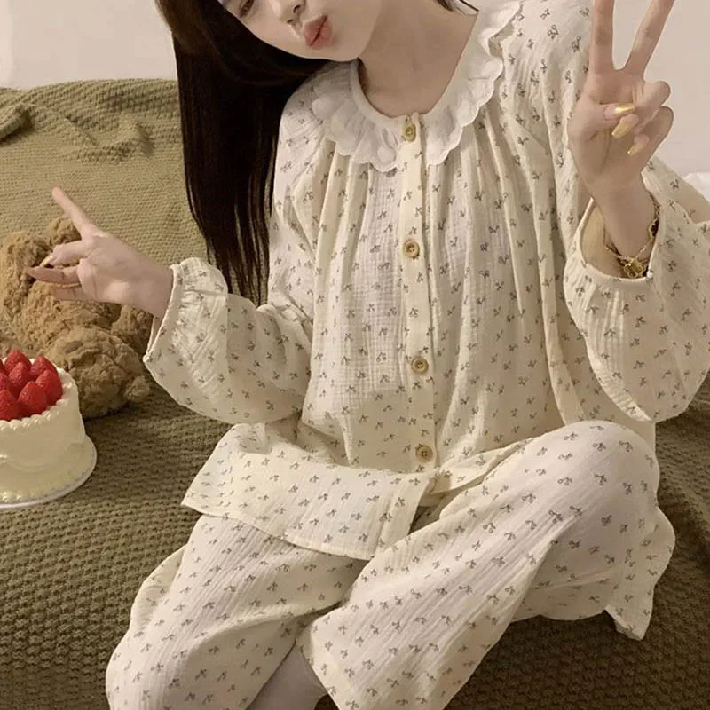 Floral Sleepwear Women Pajama Sets Lace Piiama Spring Sets 2 Pieces Korean Long Sleeve Night Wears Sleep Button Home Suit 2024