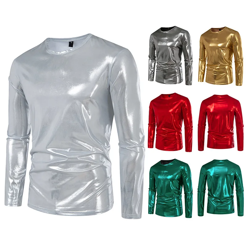 Men's Fashion Trend Party Stage Glossy Long Sleeve Crew Neck T-Shirt Fashion Youth Trend