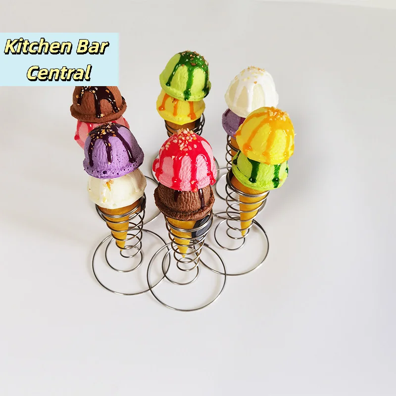 【Stainless Steel Ice Cream Roll Cone Holder Stand French Fry Waffle Display Rack Fries Pizza Hand Metal Serving Basket】