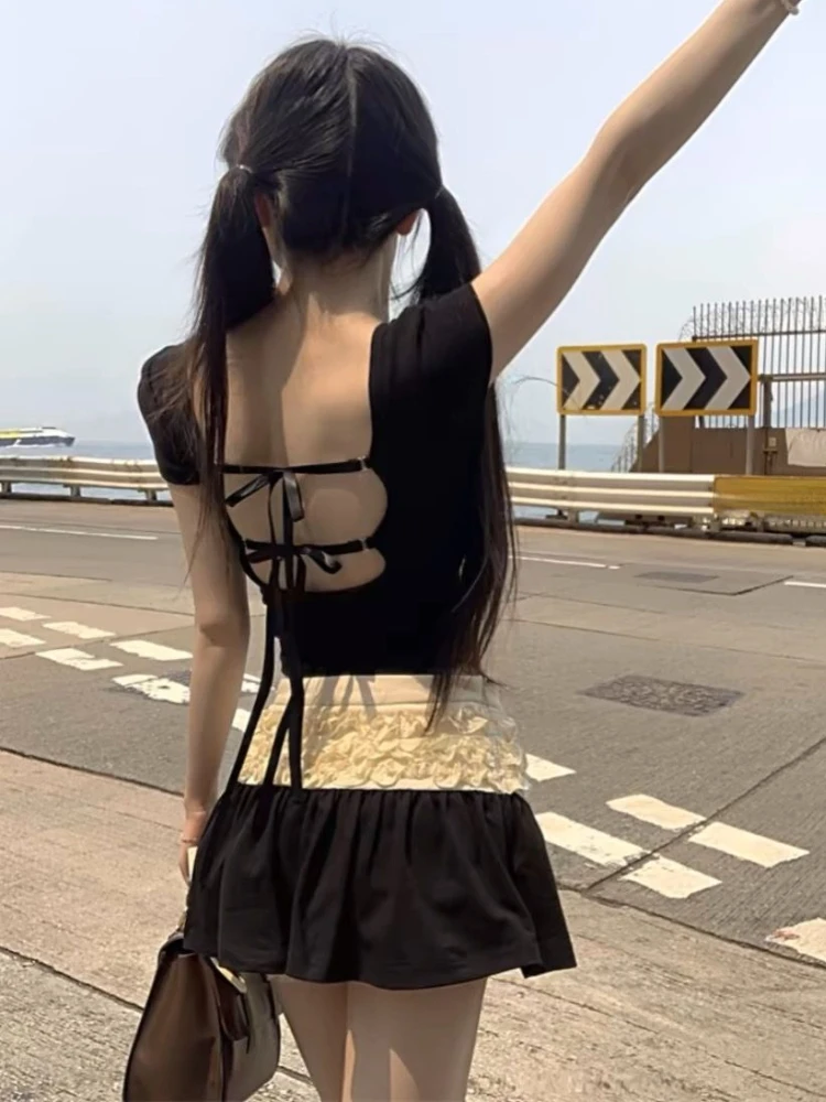 Summer Korean Fashion High Street Suit Black Short Sleeve T Shirt + Patchwork Slim Y2k Mini Skirt Outfits Elegant 2 Pieces Sets