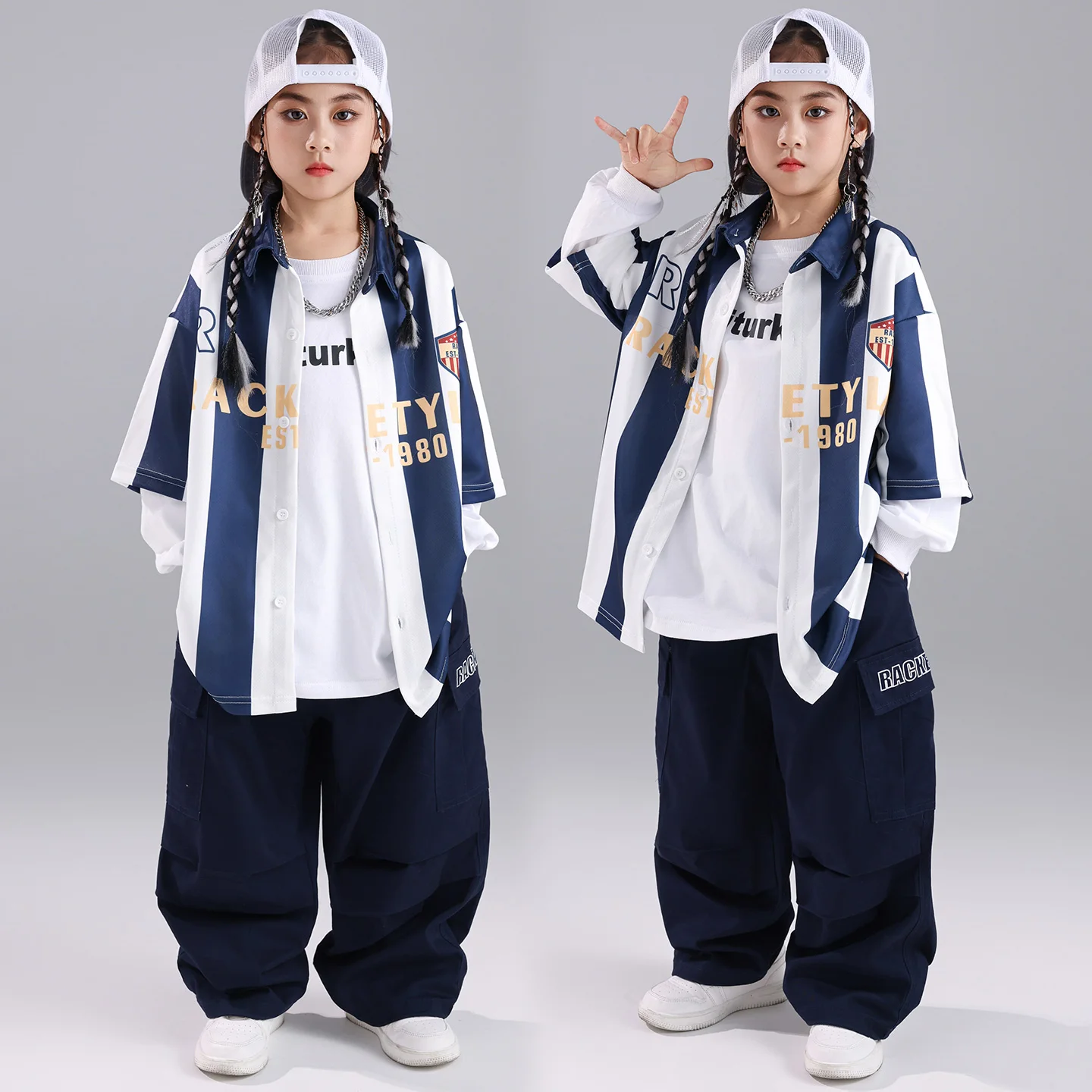 2025 Children Hip Hop Dance Performance Costumes For Girls Baseball Jacket Loose Pants Suit Boys Jazz Dance Clothing DQS21183