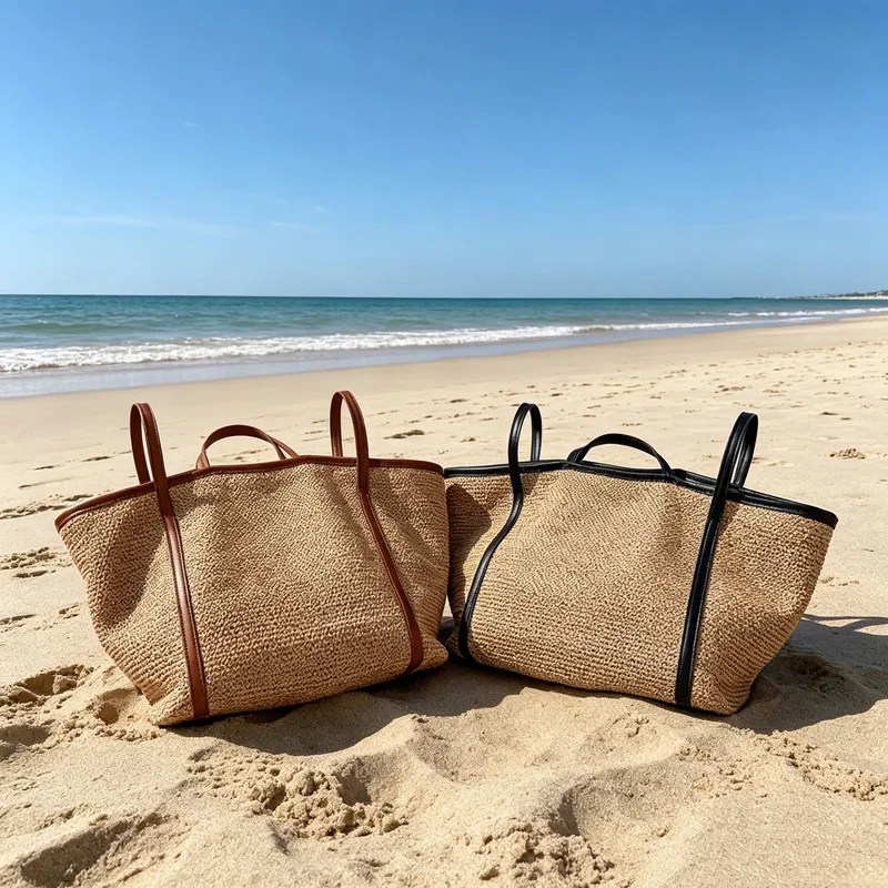 CLAREGQI  Large Capacity Straw Woven Tote Bag for Women PU Leather Trim Shoulder Handbag Summer Beach Vacation Travel Shopping W