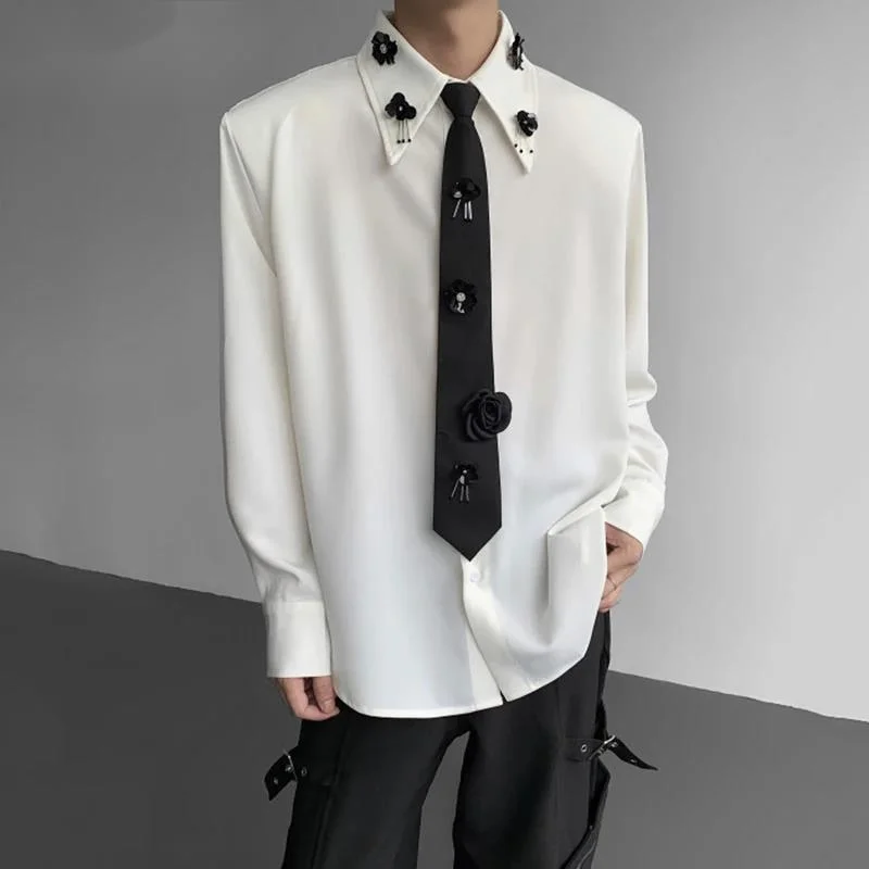Fashion Men's Shirts Lapel Sequins Flowers Tie Design Niche Contrast Color Shirt Shoulder Padded Long Sleeved Tops 9XXPF