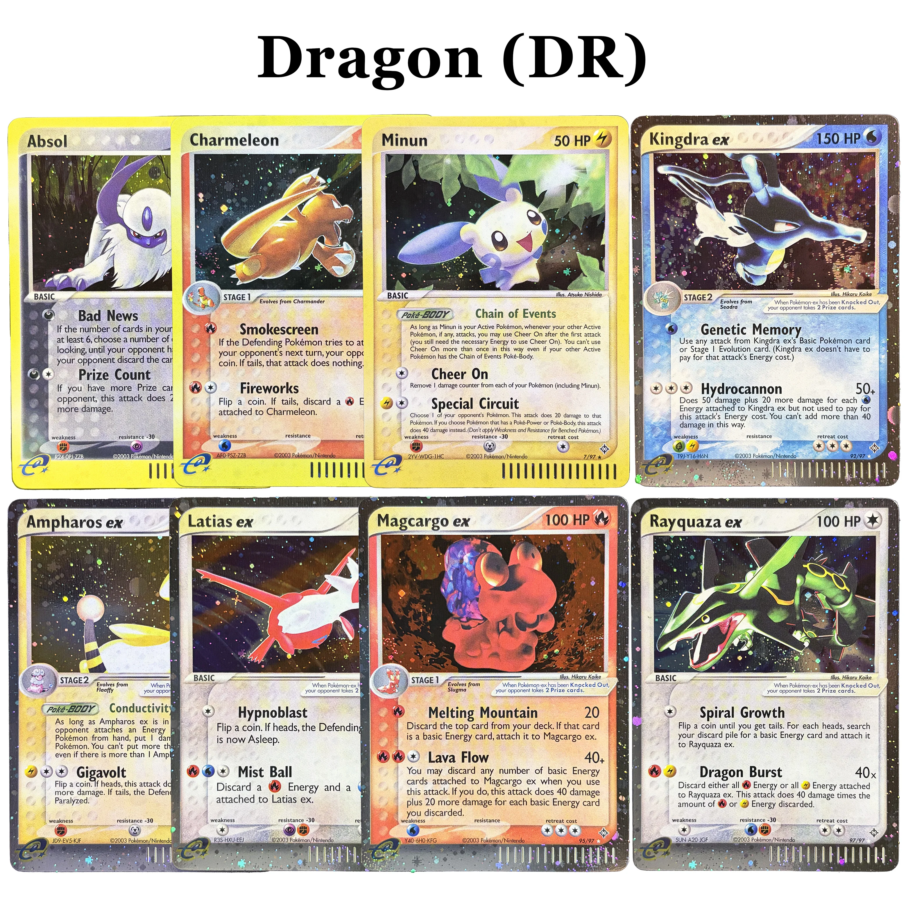 2003 PKM EX Lote de Cartas Raras Holo Dragão Rayquaza Kingdra Latias Ampharos PTCG E-Series Vintage Colecionáveis Cartas Brinquedo Presente
