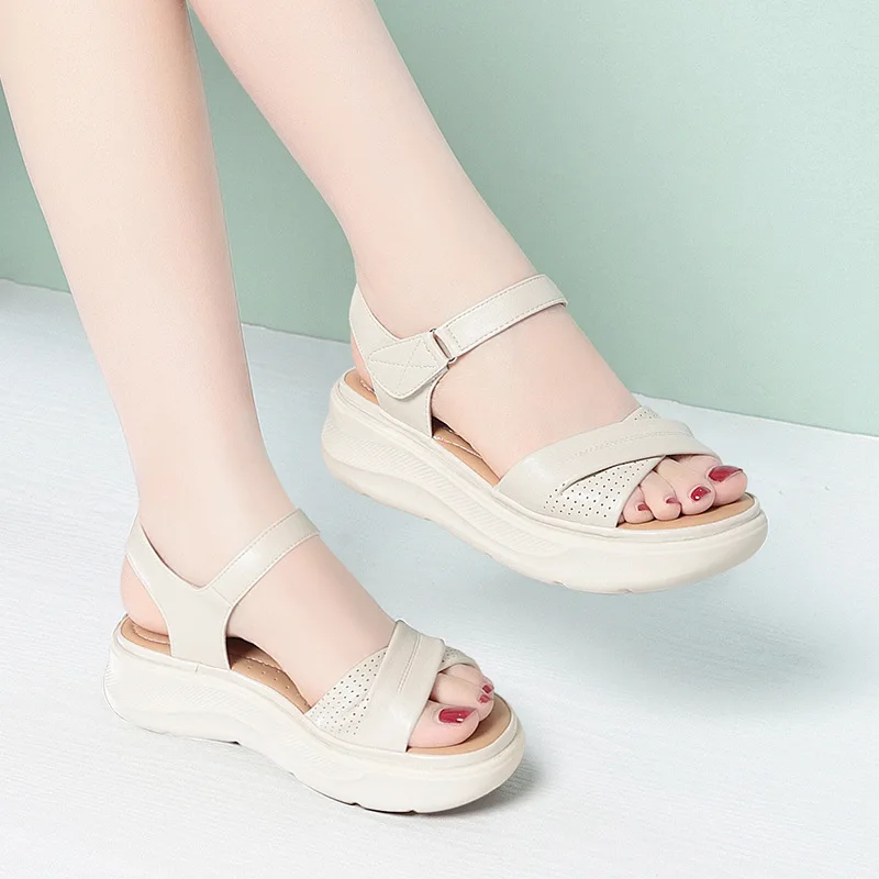 

Soft Platform Wedge Sandals For Mom Breathable Perforated Design Adjustable Ankle Strap Comfortable Non Slip Casual Summer Shoes