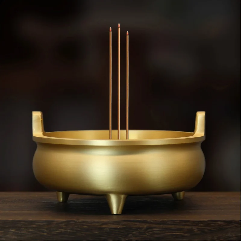 Wholesale Pure Yellow Copper Incense Burner Straight Ear Burner Xuande Incense Burner Joss-Stick Incense Burner Ashtray Decorati