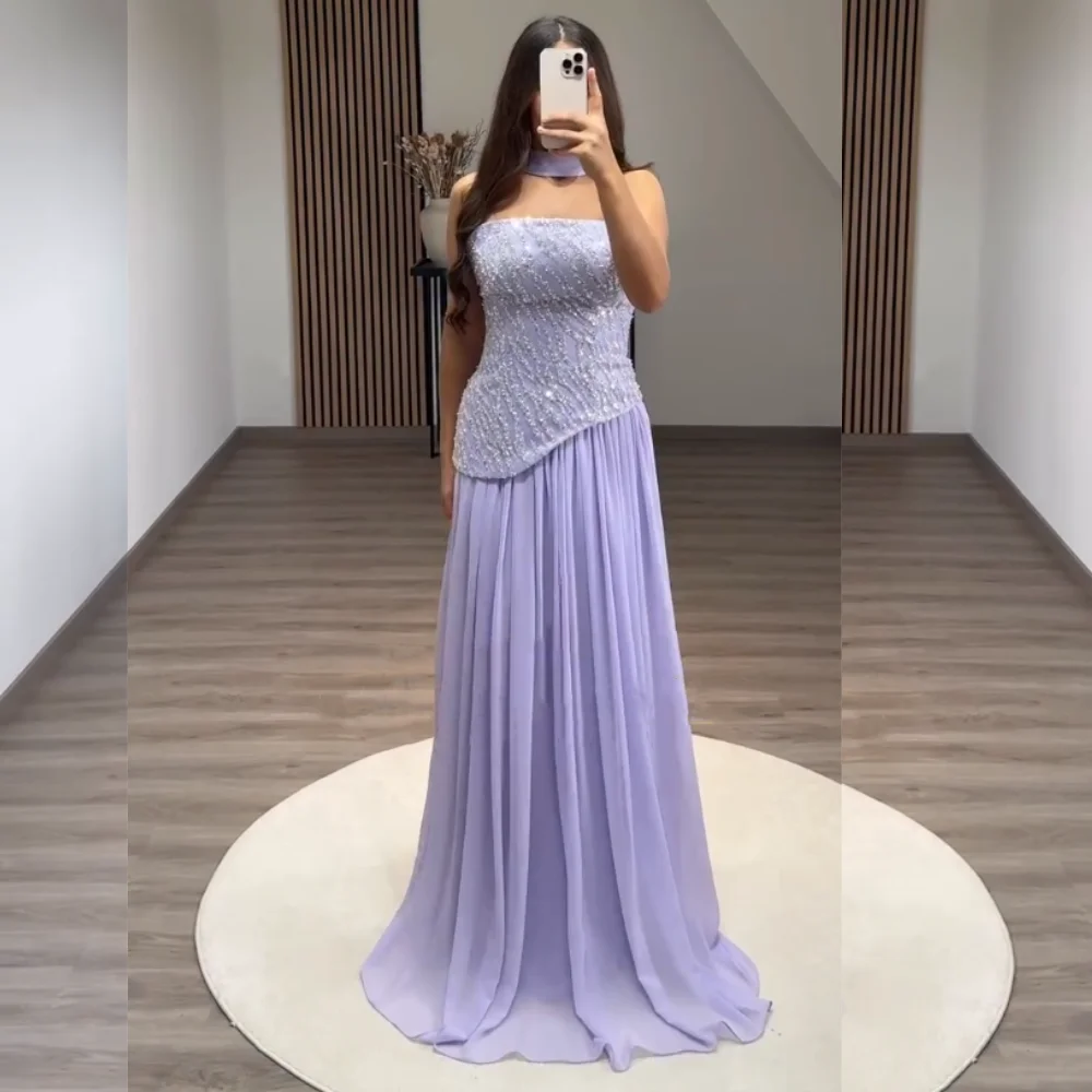 

Customized Jersey Pleat Sequined Strapless A-line Floor-length Bespoke Occasion Dresses Women's Evening Sparkle Prom Exquisite