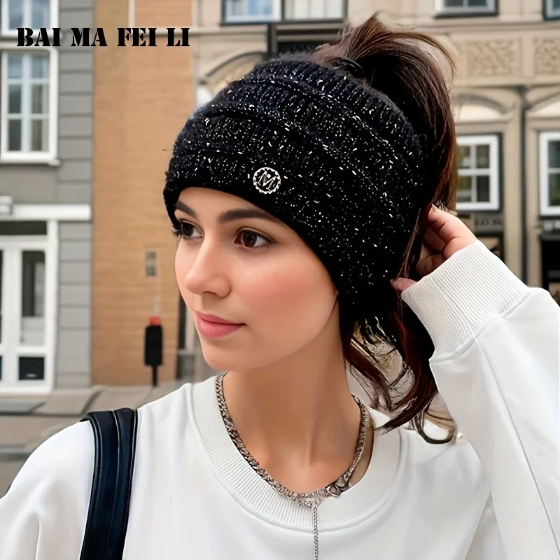Women Autumn Knit Sports Headband Hat Hollow Top Beanie Soft Comfortable Knitted Hair Wrap For Casual Outdoor Daily Activities