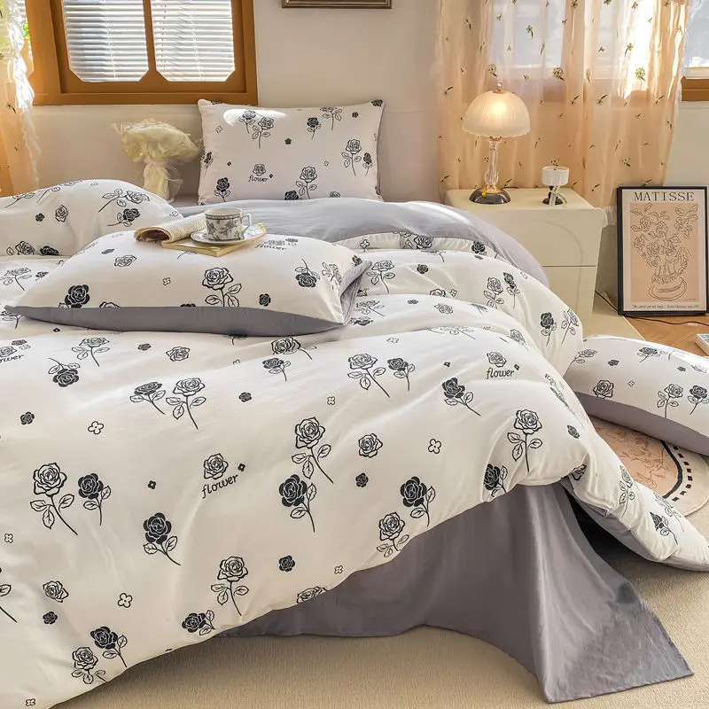 Rose Style Bedding Set 2024 New Black Light Luxury Floral Cloud Wash Cotton Dormitory 4pcs Bed Sheet Set Duvet Cover Set